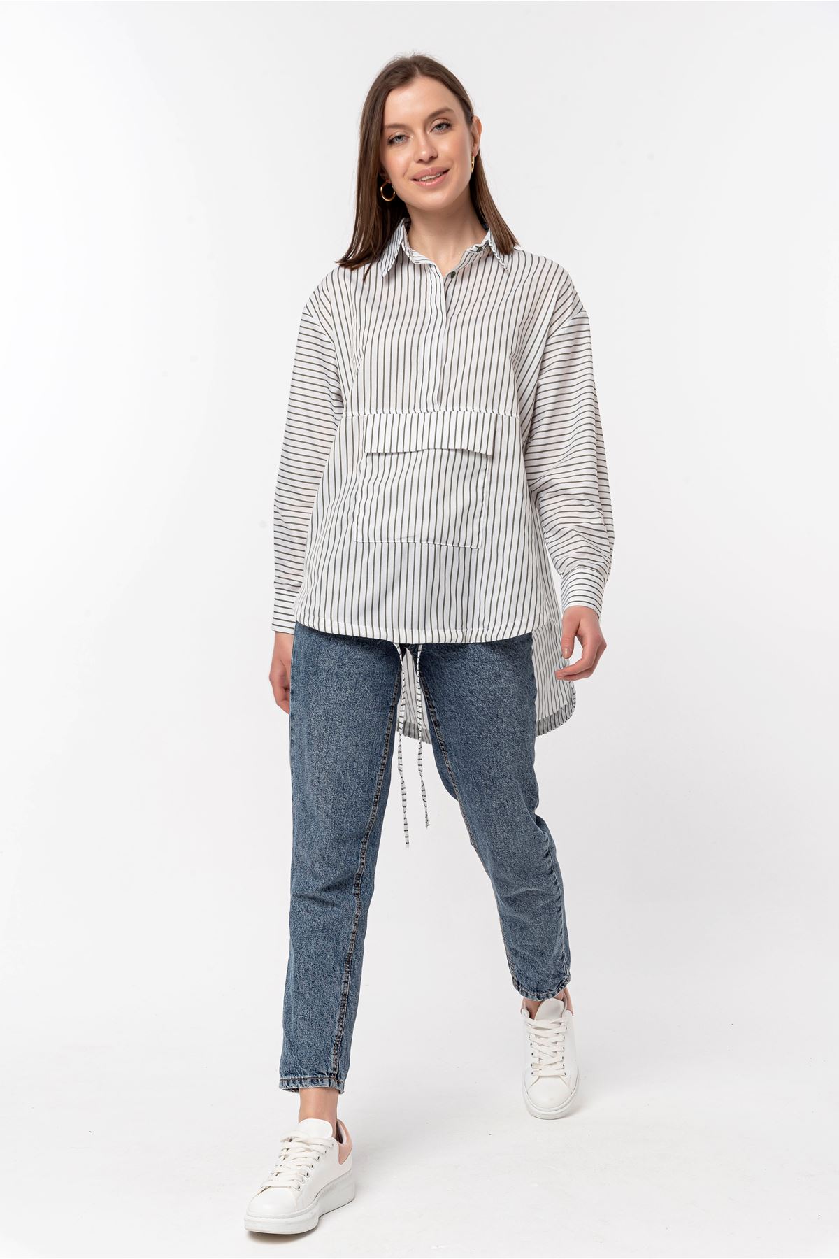 Satin Fabric Long Sleeve Oversize Striped Women'S Shirt - Khaki 