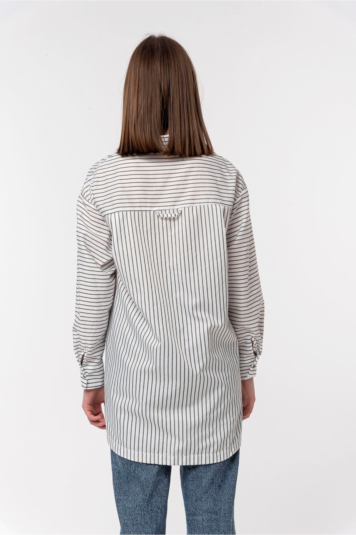 Satin Fabric Long Sleeve Oversize Striped Women'S Shirt - Khaki 