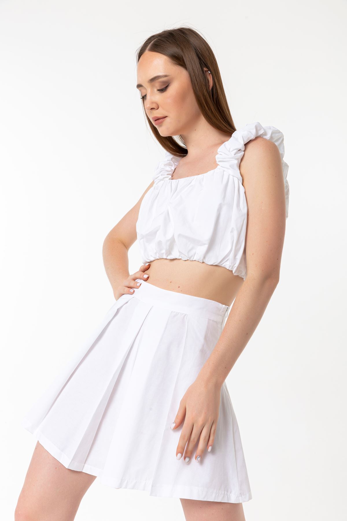 Woven Fabric Wide Pleated Mini Skirt - White