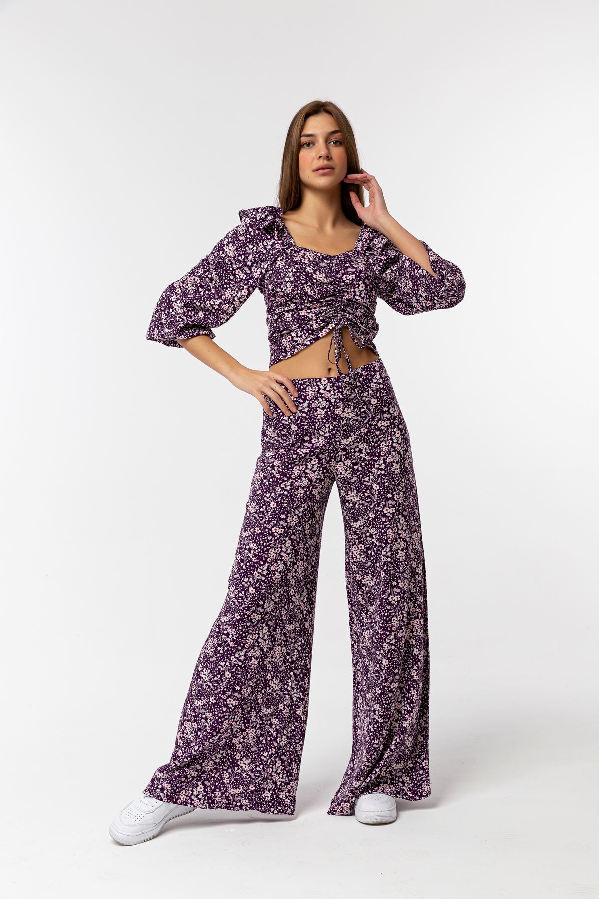 Viscose Fabric Long Sleeve V-Neck Comfortably Fit Floral Pattern Women Dress - Purple