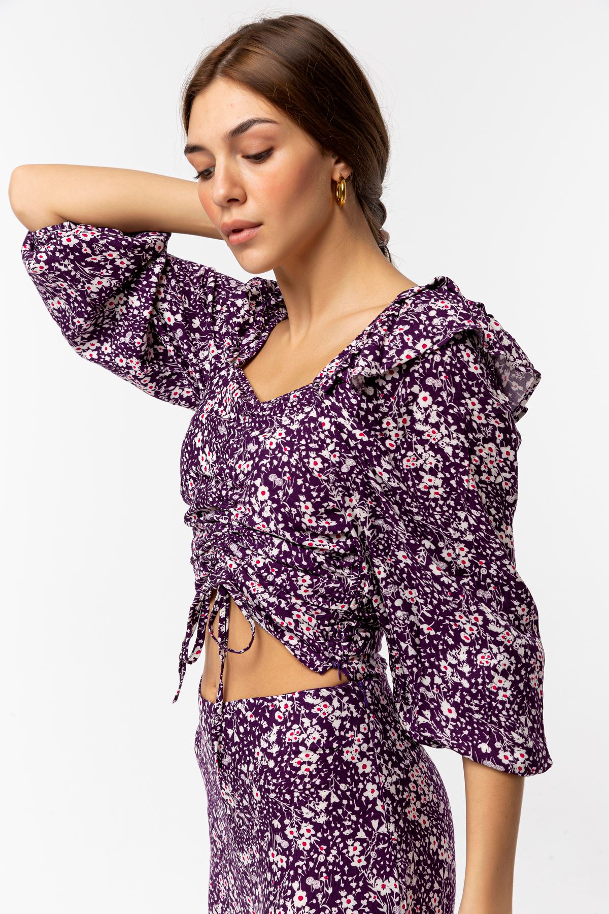 Viscose Fabric Long Sleeve V-Neck Comfortably Fit Floral Pattern Women Dress - Purple