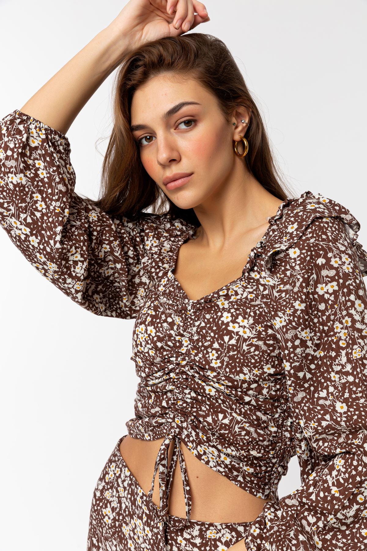 Viscose Fabric Long Sleeve V-Neck Comfortably Fit Floral Pattern Blouse - Brown