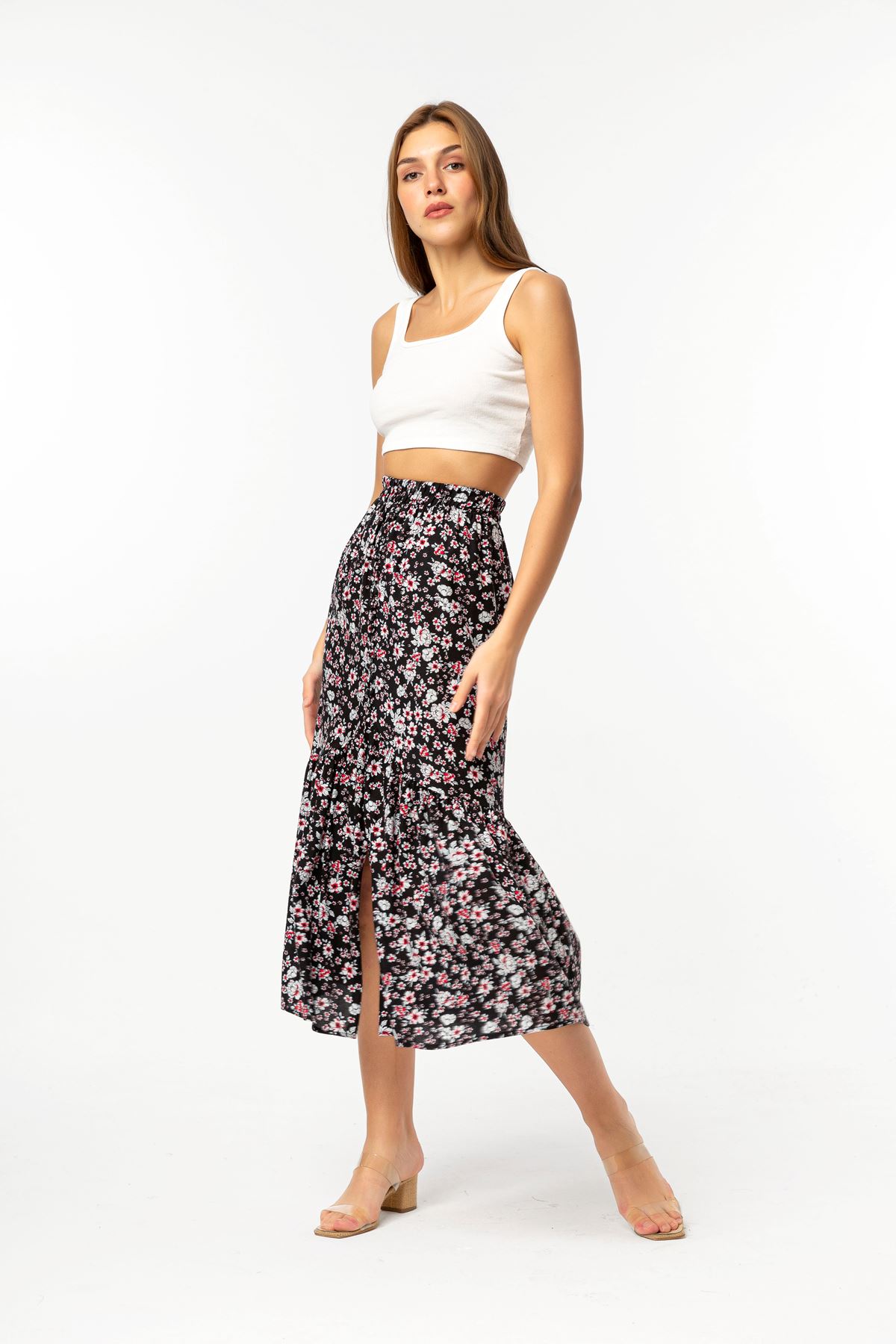 Viscose Fabric Long Comfy Fit Floral Print Women'S Skirt - Black