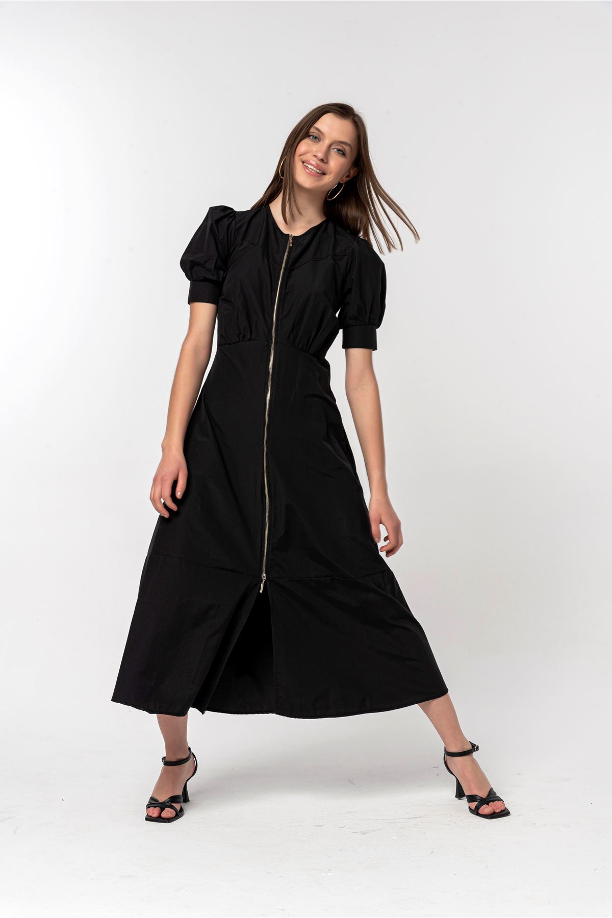 Soft Fabric Short Sleeve Zip Neck Midi Women Dress - Black