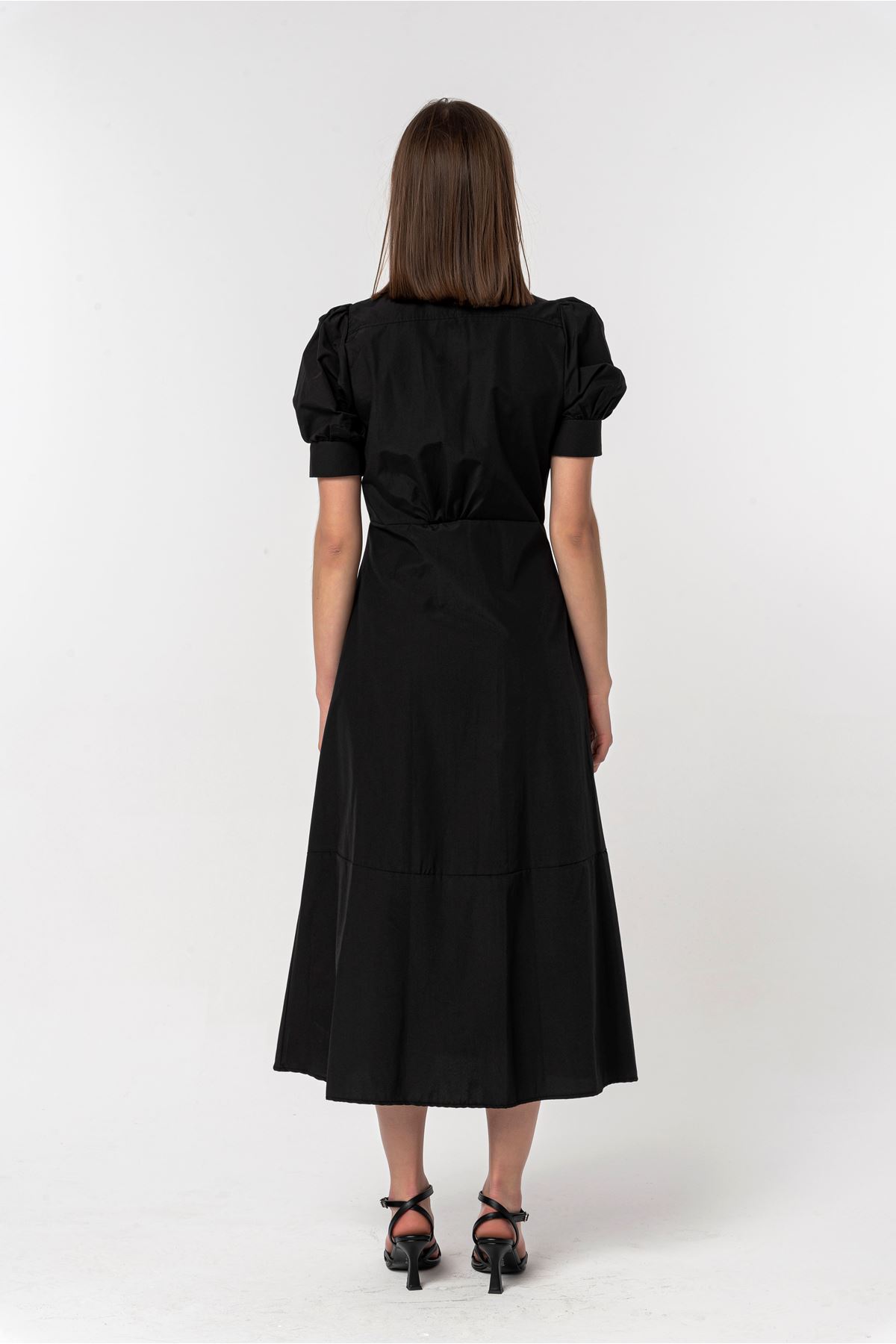 Мягкий ткань Застежка-молния на шее женское платье - Чёрный
