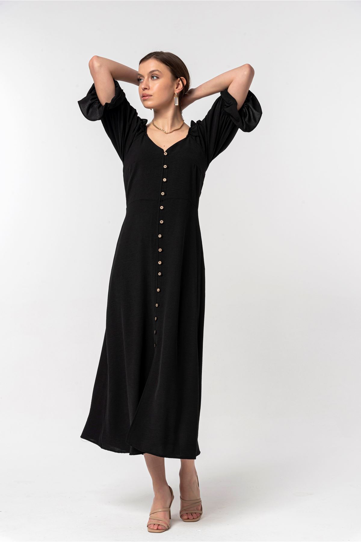 Aerobin Fabric Short Sleeve V-Neck Midi Full Fit Women Dress - Black
