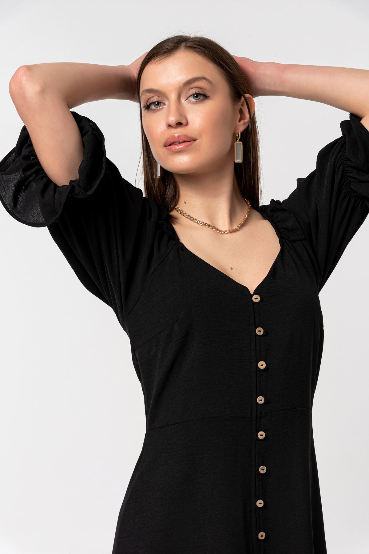 Aerobin Fabric Short Sleeve V-Neck Midi Full Fit Women Dress - Black