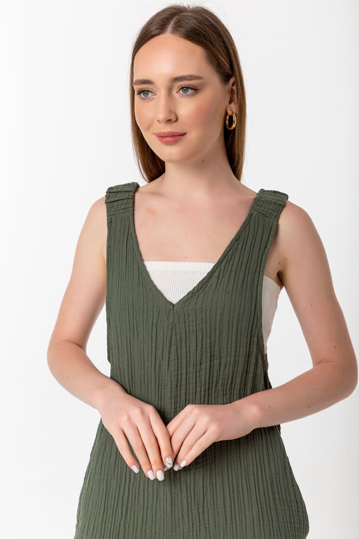 Licra Fabric V-Neck Maxi Wide Pattern Back Pocket Women Overalls - Khaki 