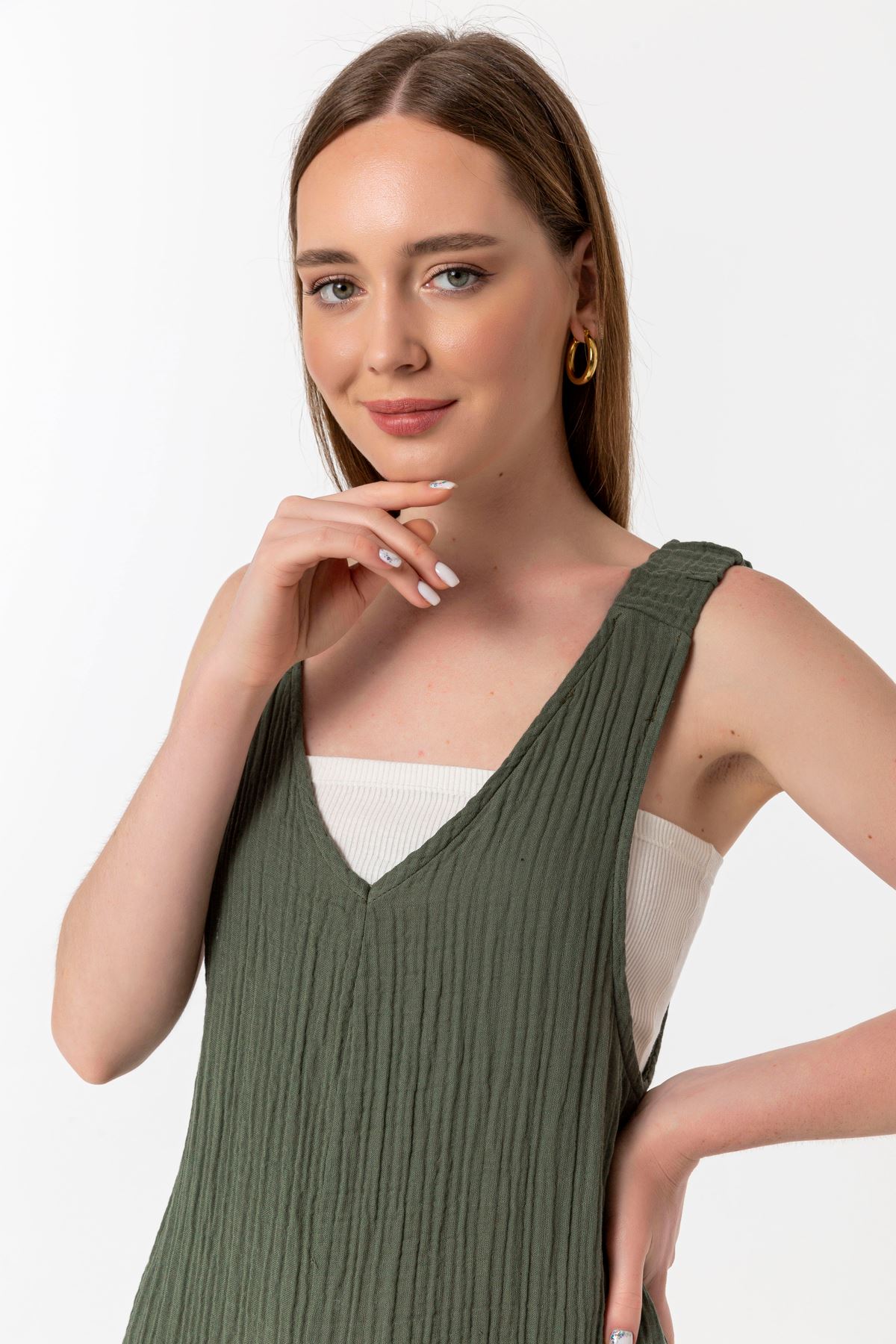 Licra Fabric V-Neck Maxi Wide Pattern Back Pocket Women Overalls - Khaki 
