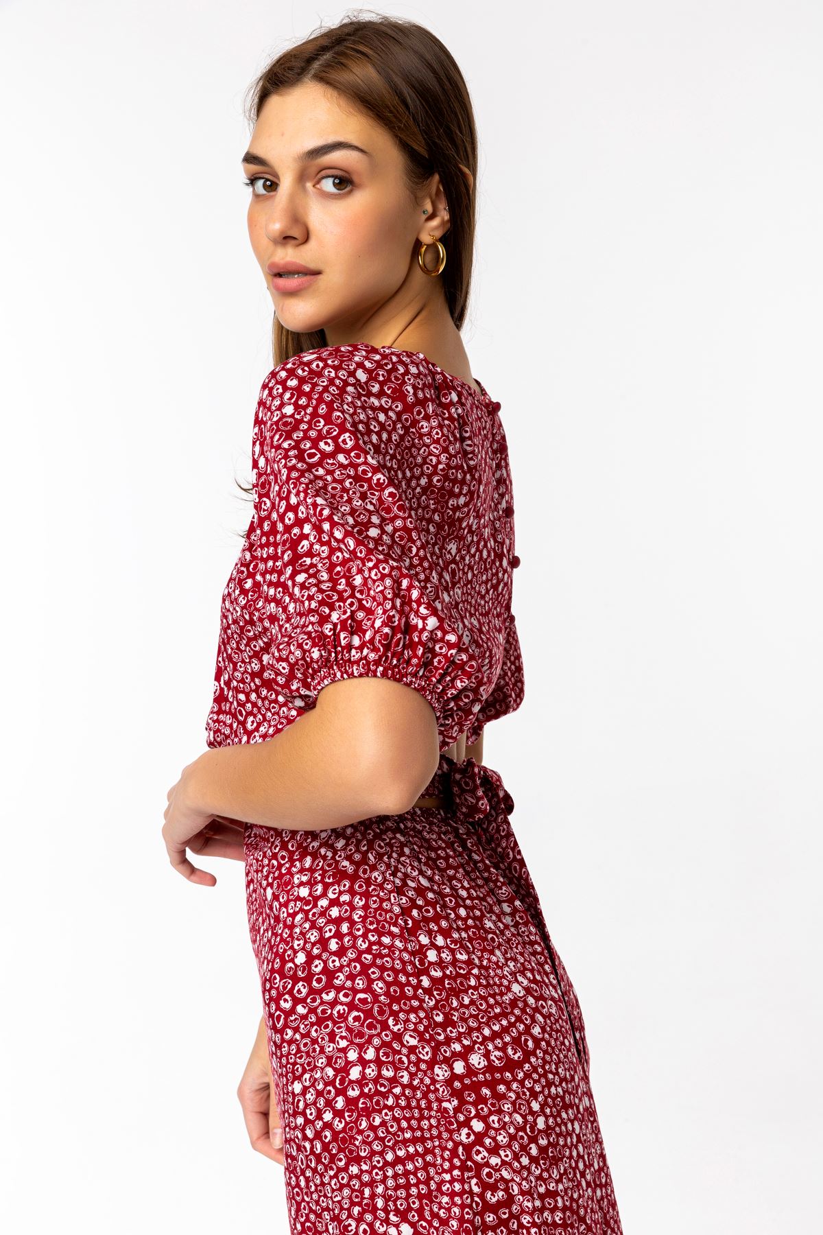 Viscon Fabric Short Sleeve Plush Collar Midi Women Dress - Burgundy