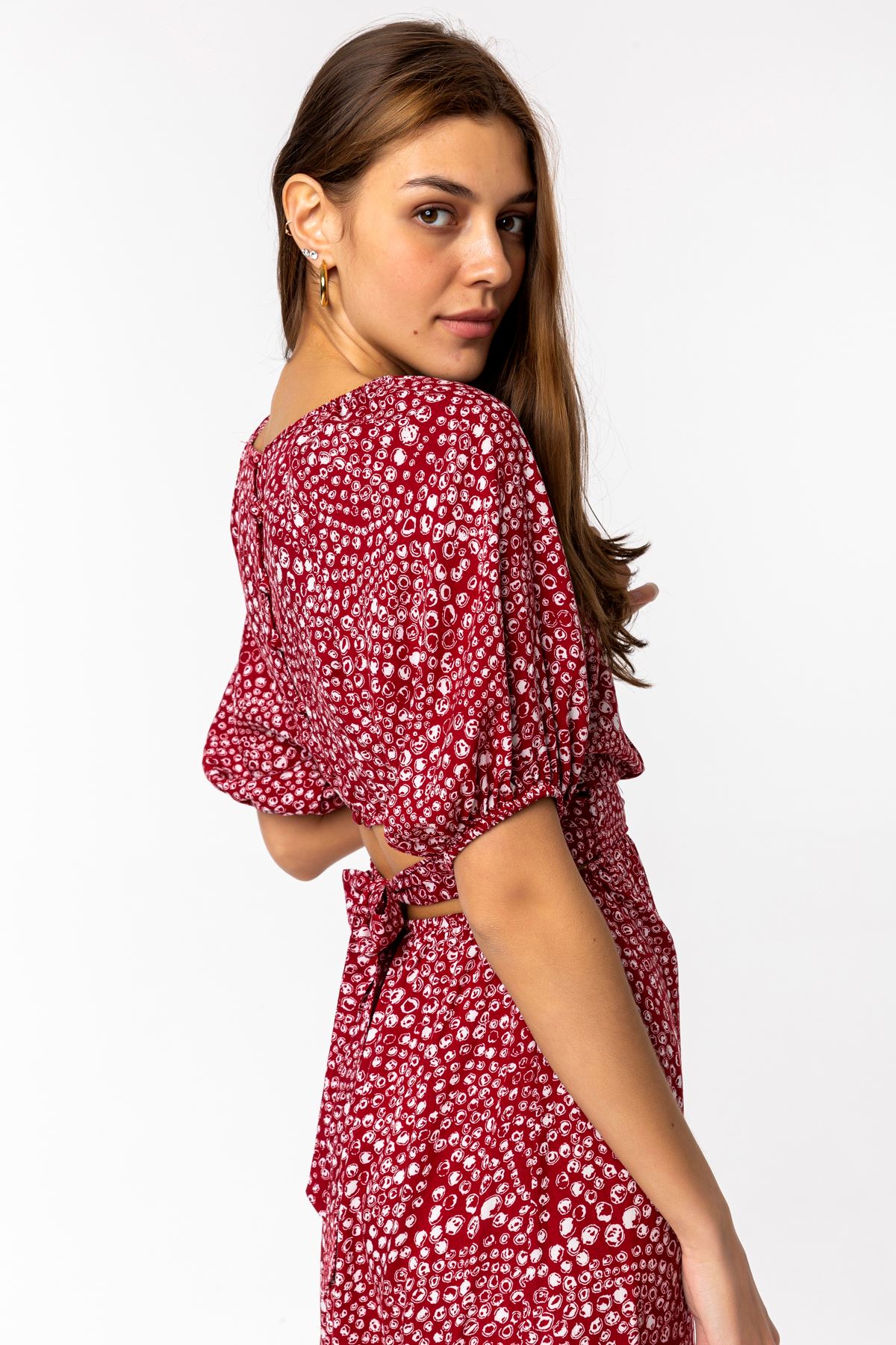 Viscon Fabric Short Sleeve Plush Collar Midi Women Dress - Burgundy