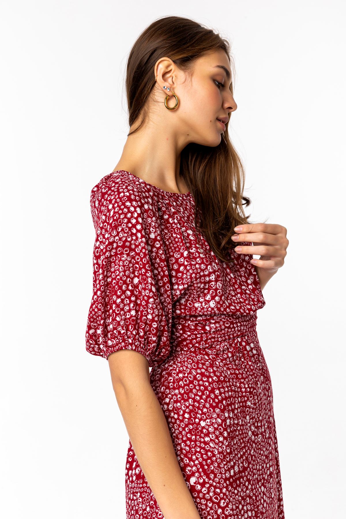 فستان نسائي قماش فيسكون ذراع قصير طوق قطيفة ميدي - Burgundy