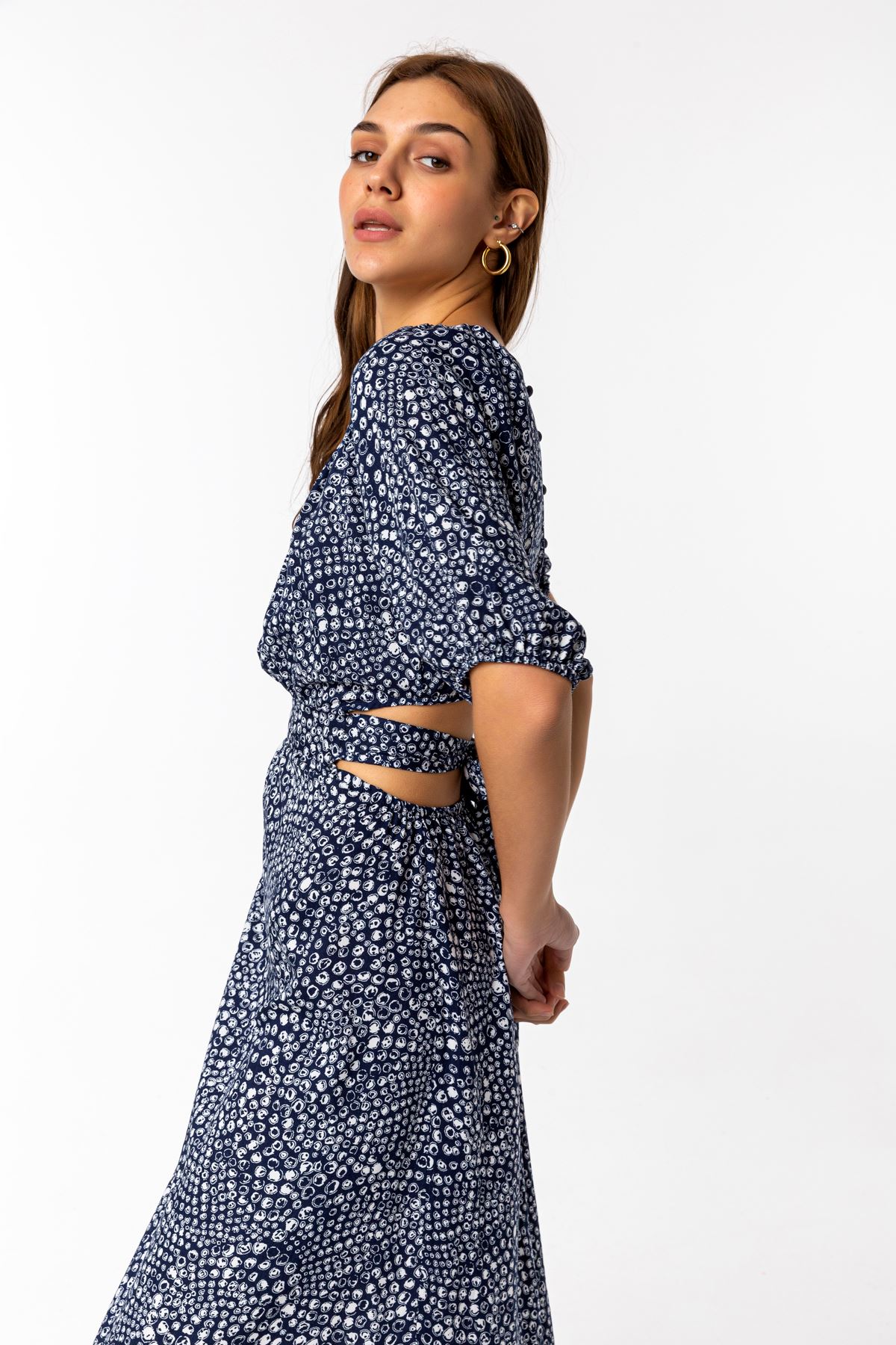 Viscon Fabric Short Sleeve Plush Collar Midi Women Dress - Navy Blue 