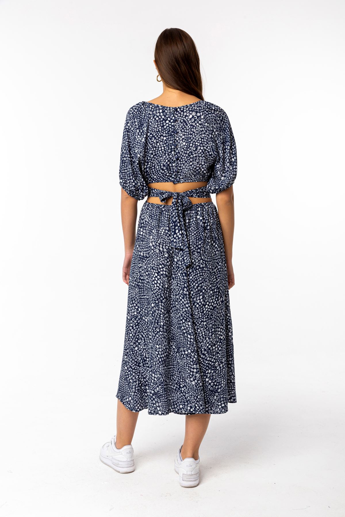 Viscon Fabric Short Sleeve Plush Collar Midi Women Dress - Navy Blue 