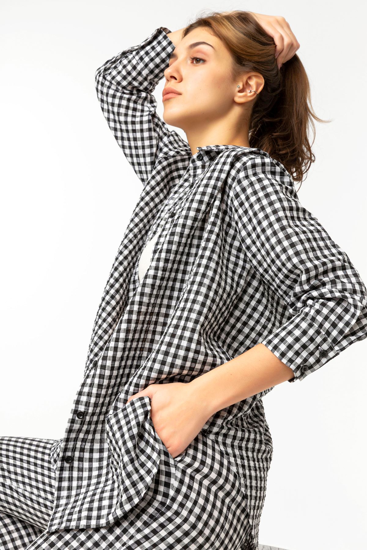 Plaid Fabric Long Sleeve Oversize Checkerboard Print Square Pattern Women'S Shirt - Black