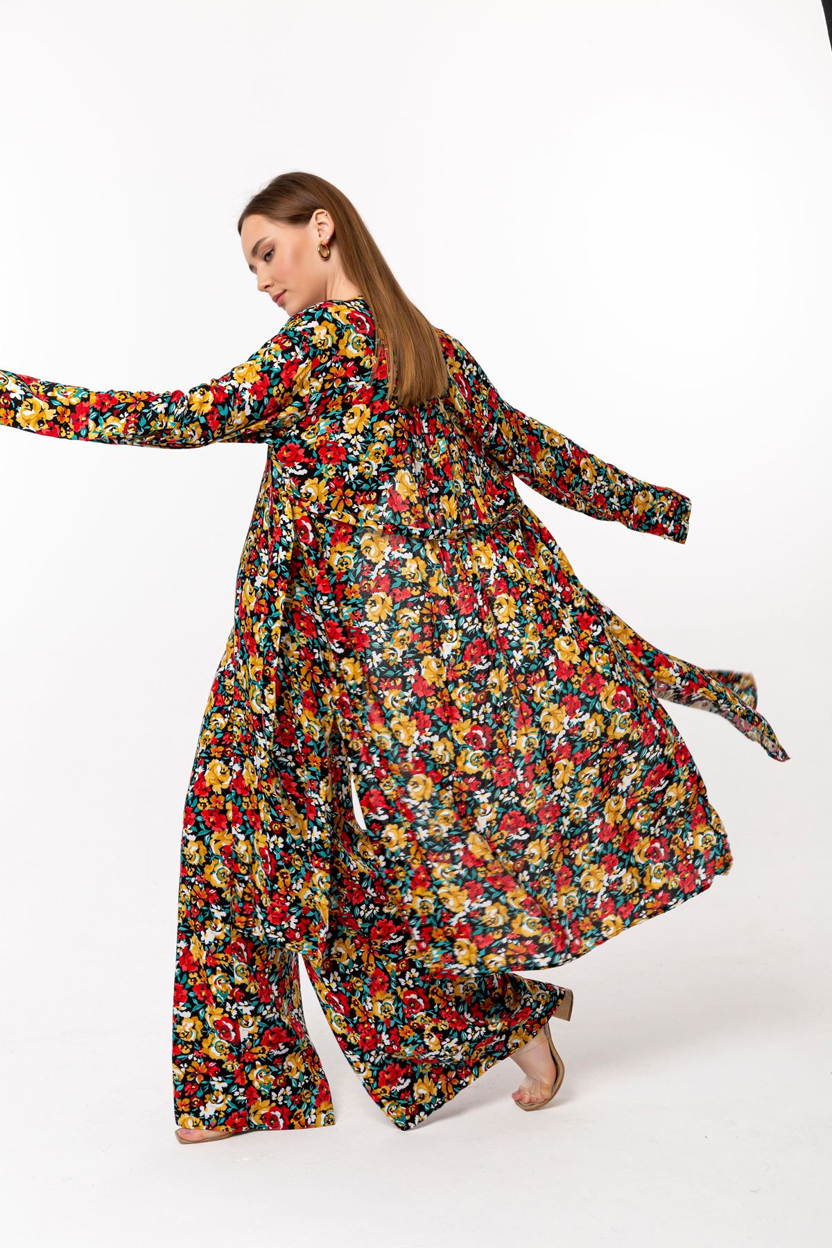 Viscose Fabric Long Sleeve Without Collar Long Oversize Floral Print Women Kimono - Mustard