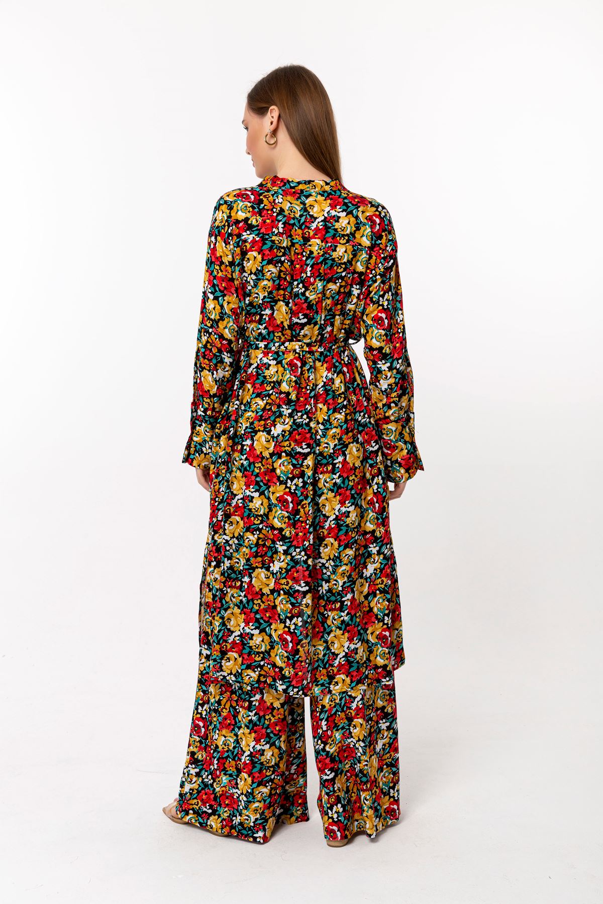 Viskon Kumaş Uzun Kol Yakasız Uzun Boy Çiçek Desenli Kadın Kimono-Hardal
