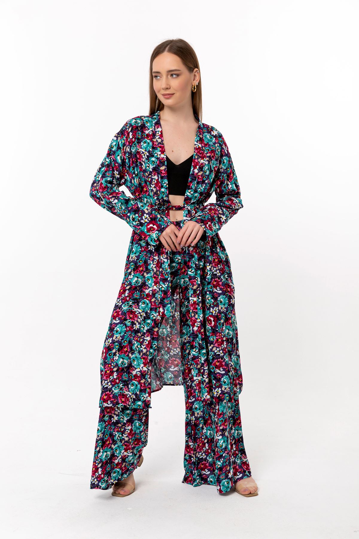 Viscose Fabric Long Sleeve Without Collar Long Oversize Floral Print Women Kimono - Green
