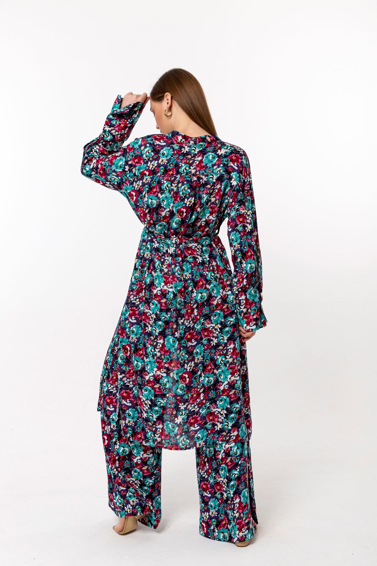 Viscose Fabric Long Sleeve Without Collar Long Oversize Floral Print Women Kimono - Green