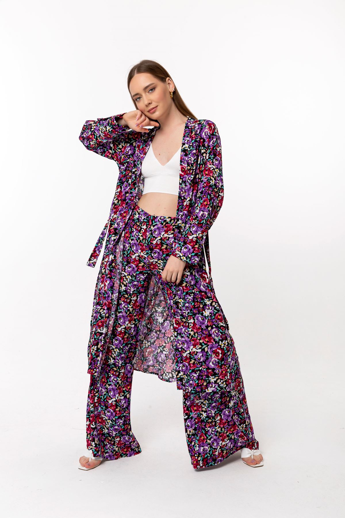 Viscose Fabric Long Sleeve Without Collar Long Oversize Floral Print Women Kimono - Pink
