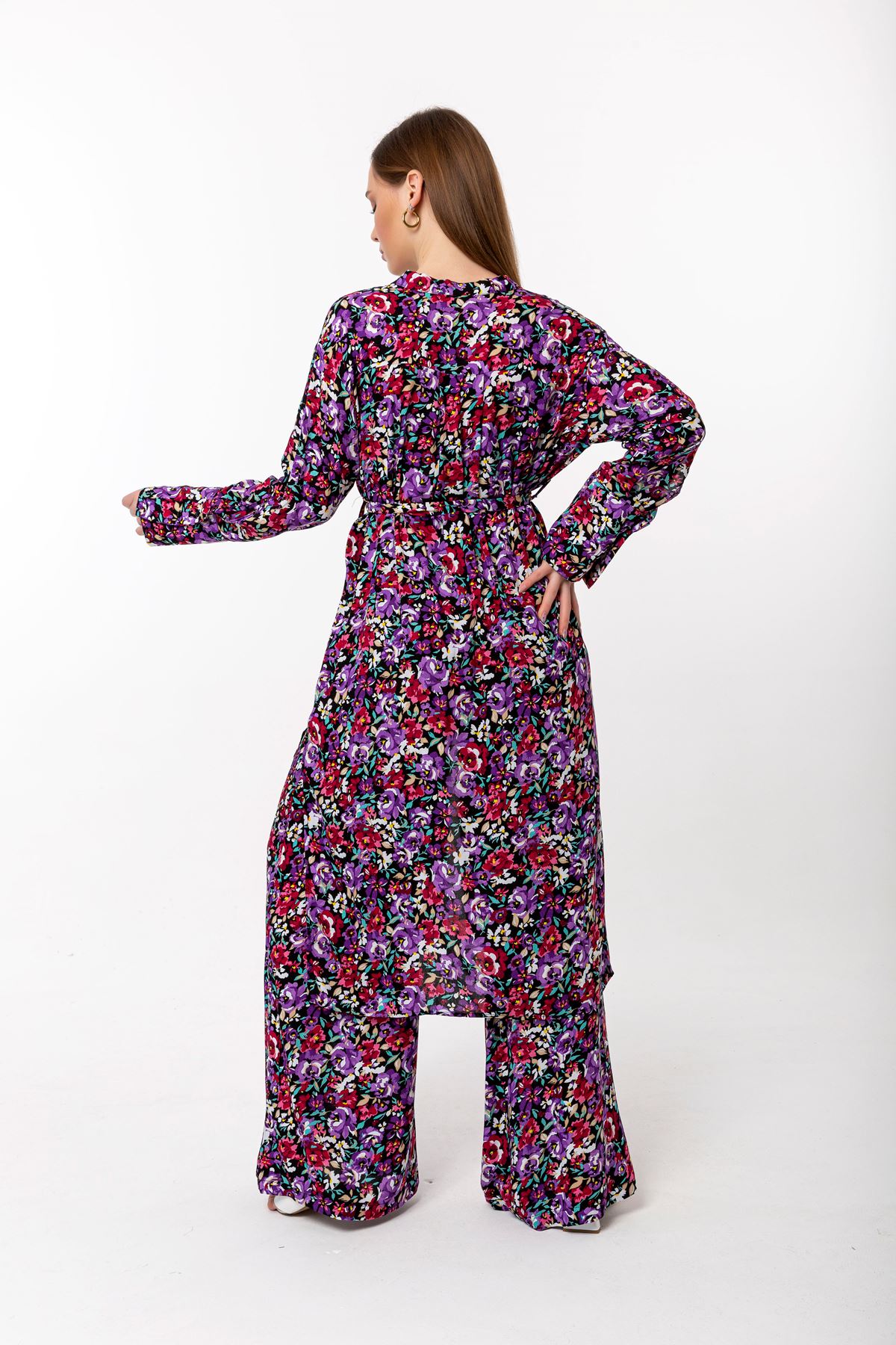 Viscose Fabric Long Sleeve Without Collar Long Oversize Floral Print Women Kimono - Pink