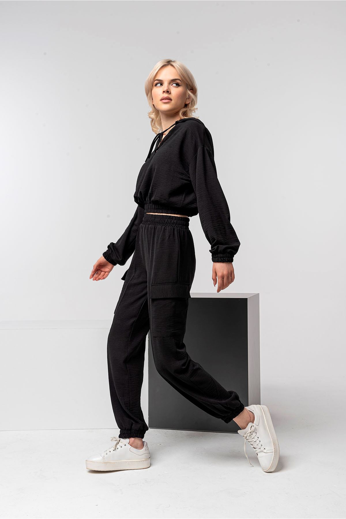 Aerobin Fabric Long Sleeve Hooded Oversize Blouse - Black