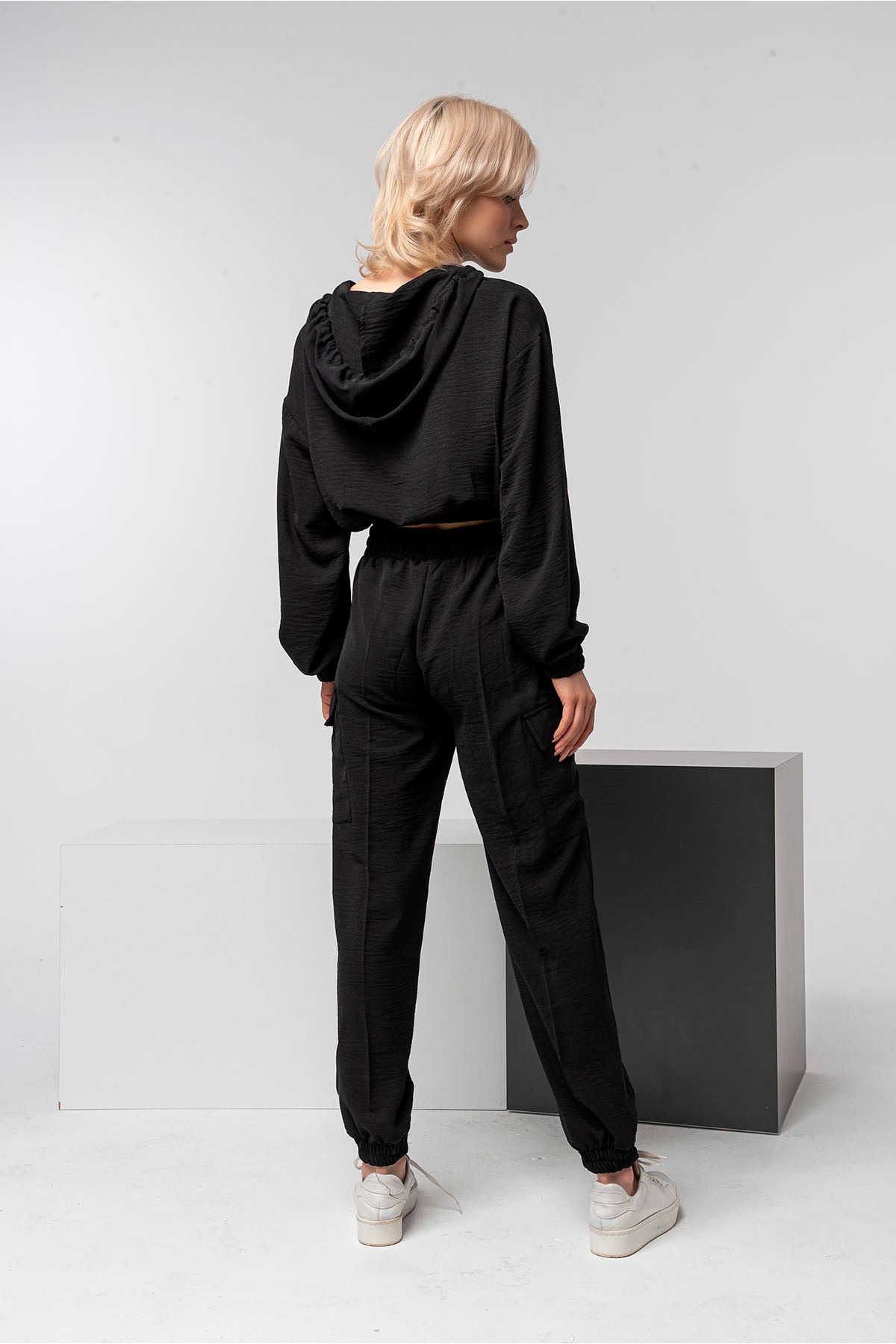 Aerobin Fabric Long Sleeve Hooded Oversize Blouse - Black
