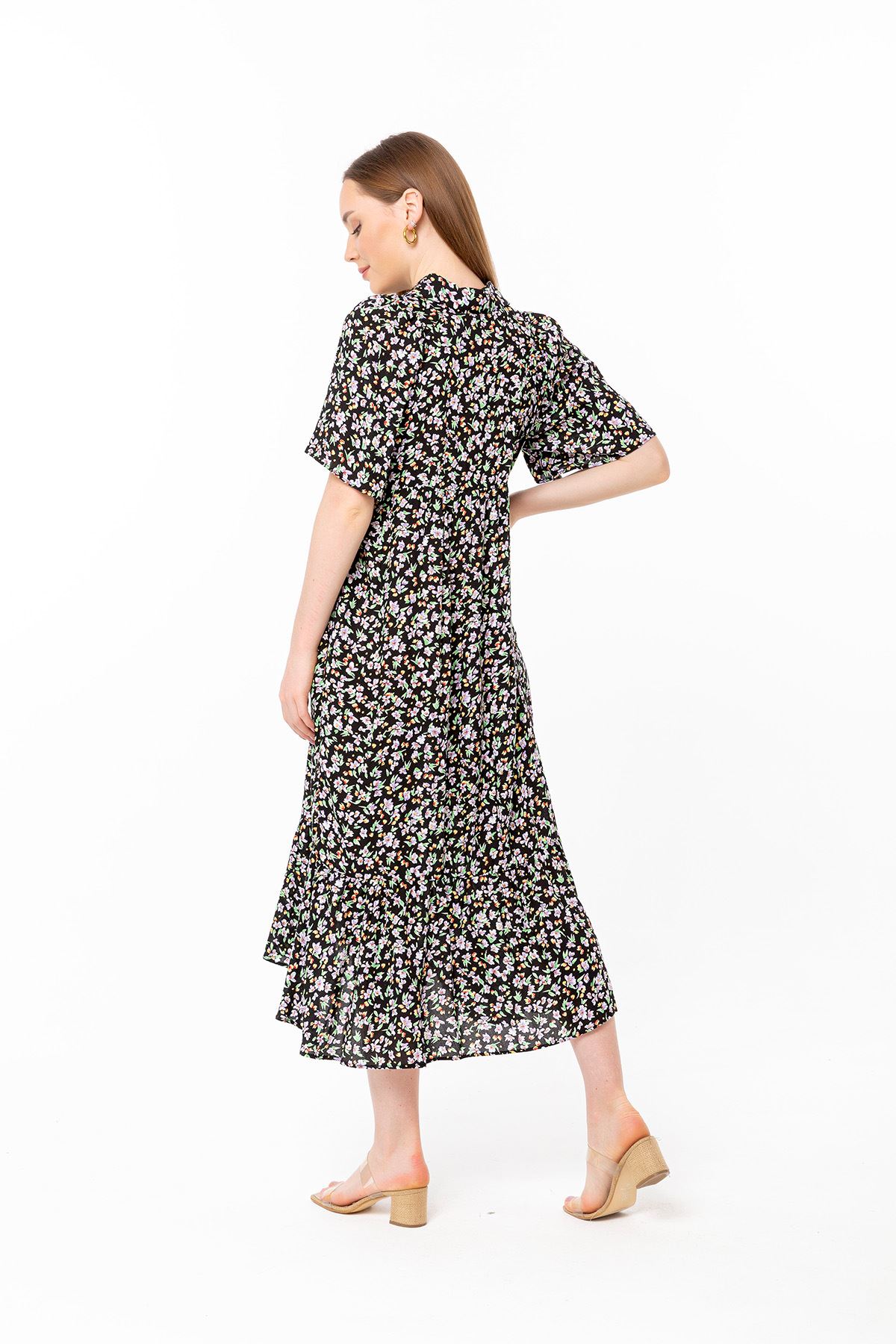 Short Sleeve Midi Oversize Flower Print Buttoned Women Dress - Black