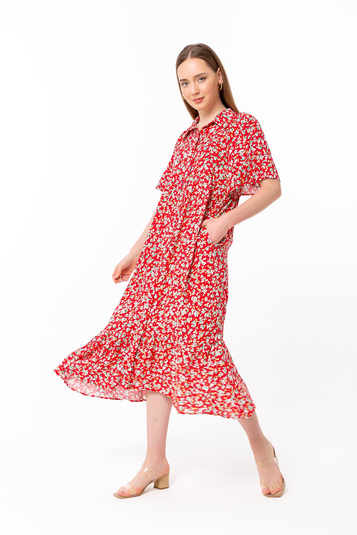 Empirme Kumaş Oversize Çiçek Desen Düğmeli Kadın Elbise-Kırmızı