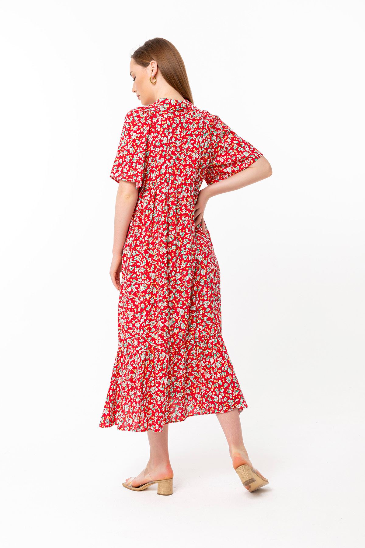 Short Sleeve Midi Oversize Flower Print Buttoned Women Dress - Red