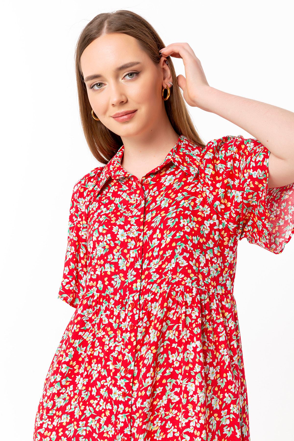 Short Sleeve Midi Oversize Flower Print Buttoned Women Dress - Red
