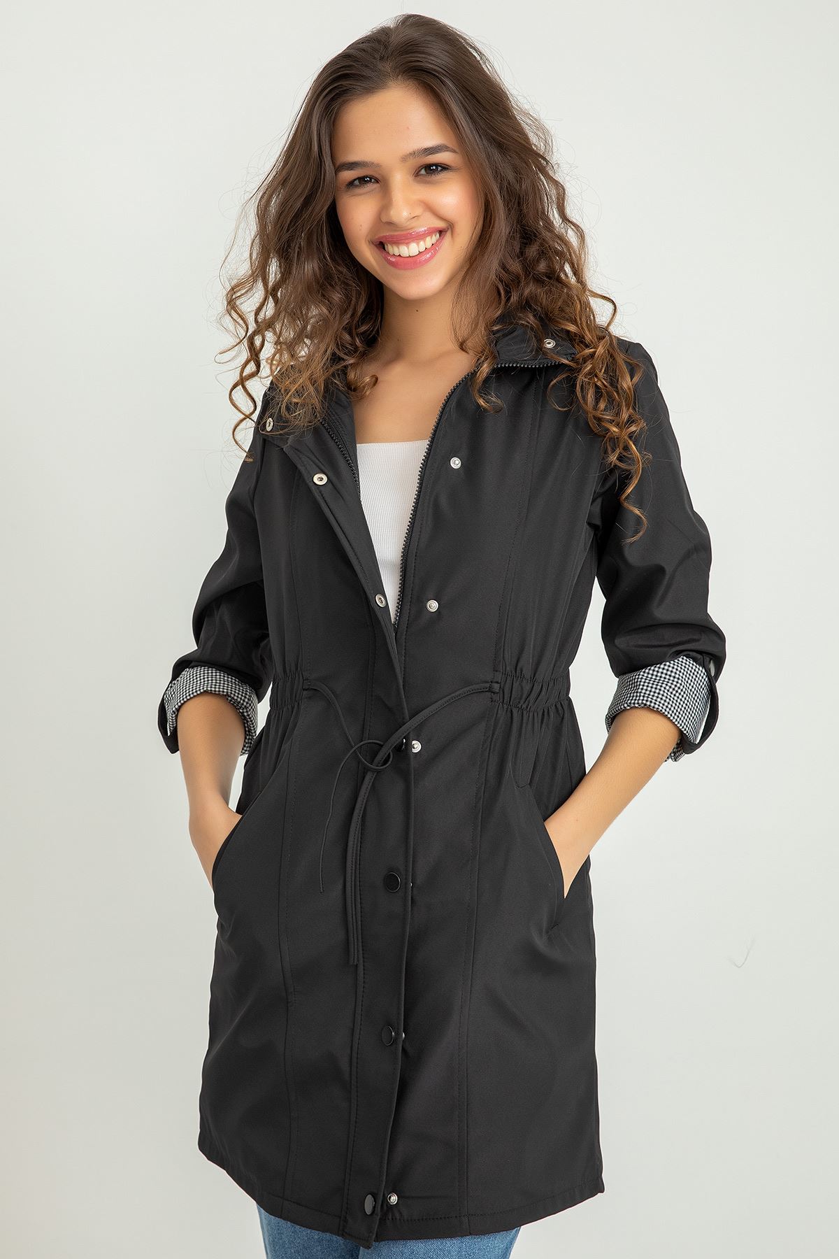 Fold Sleeve Hooded Below Hip Women Raincoat - Black