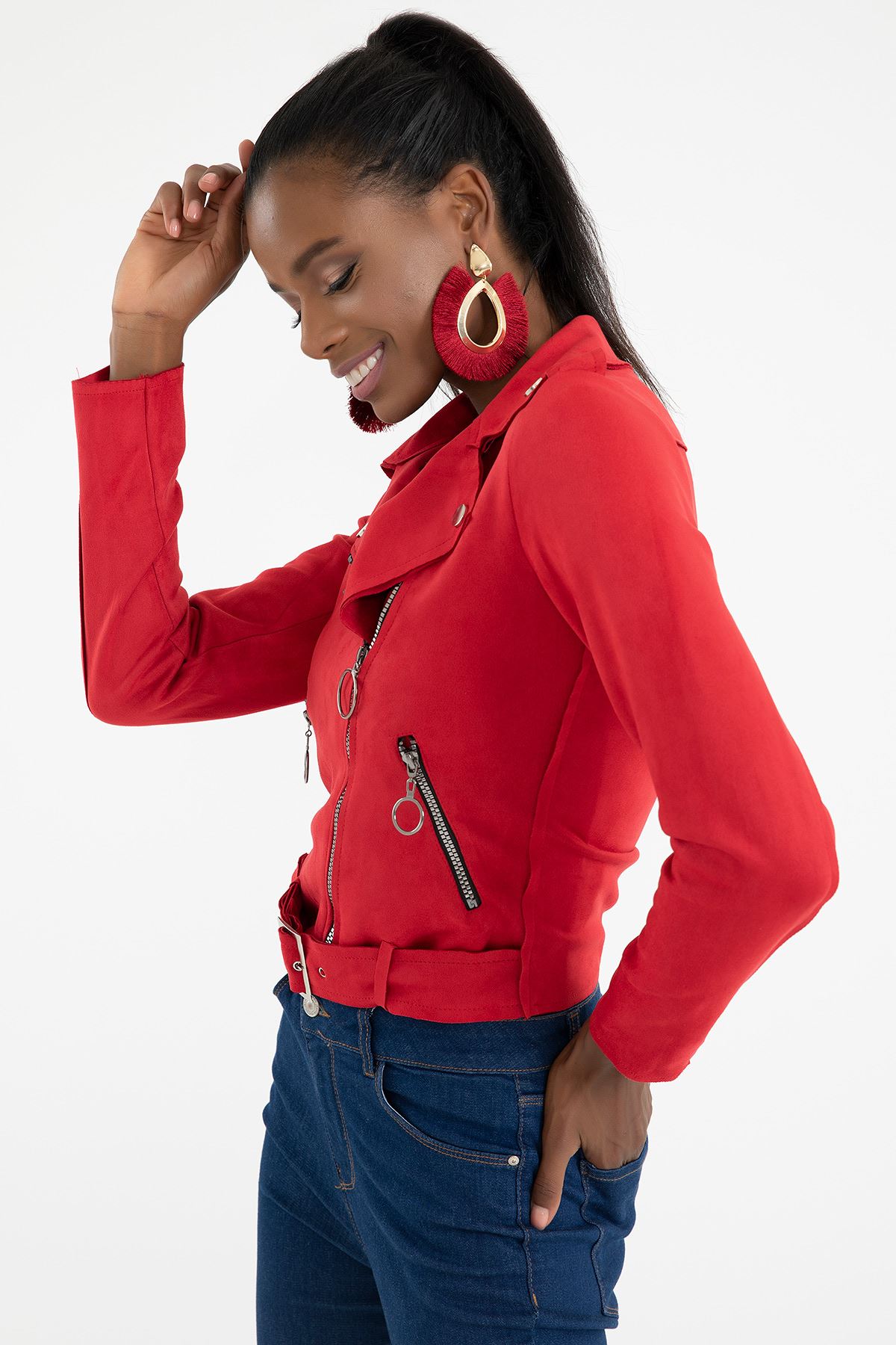 Suede Fabric Long Sleeve Revere Collar Tight Fit Belted Women Jacket - Red