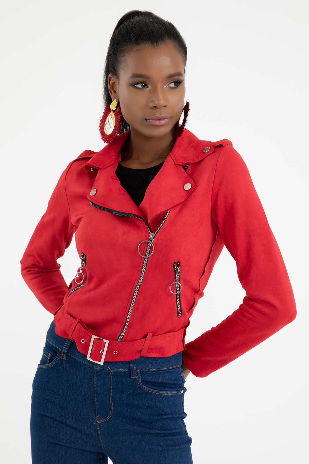 Suede Fabric Long Sleeve Revere Collar Tight Fit Belted Women Jacket - Red