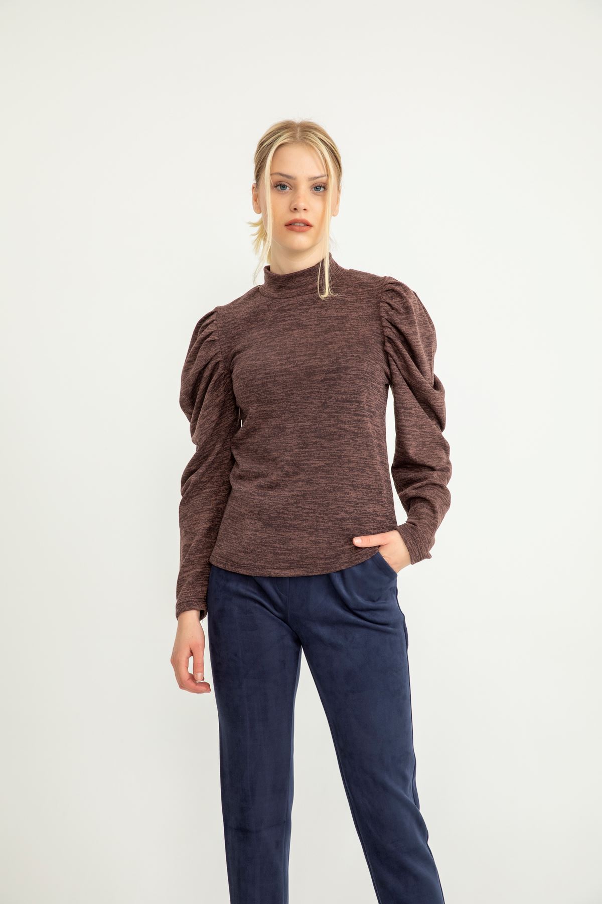 Melange Fabric Balloon Sleeve Roll Neck Full Fit Women Sweater - Brown