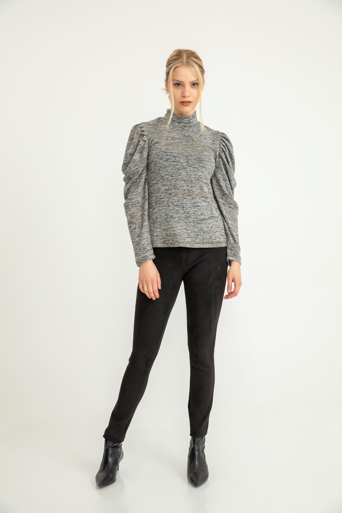 Melange Fabric Balloon Sleeve Roll Neck Full Fit Women Sweater - Grey
