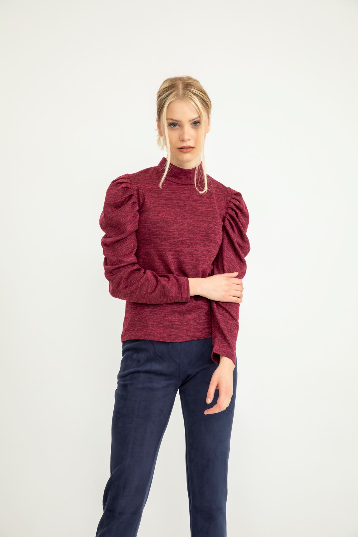 Melange Fabric Balloon Sleeve Roll Neck Full Fit Women Sweater - Plum