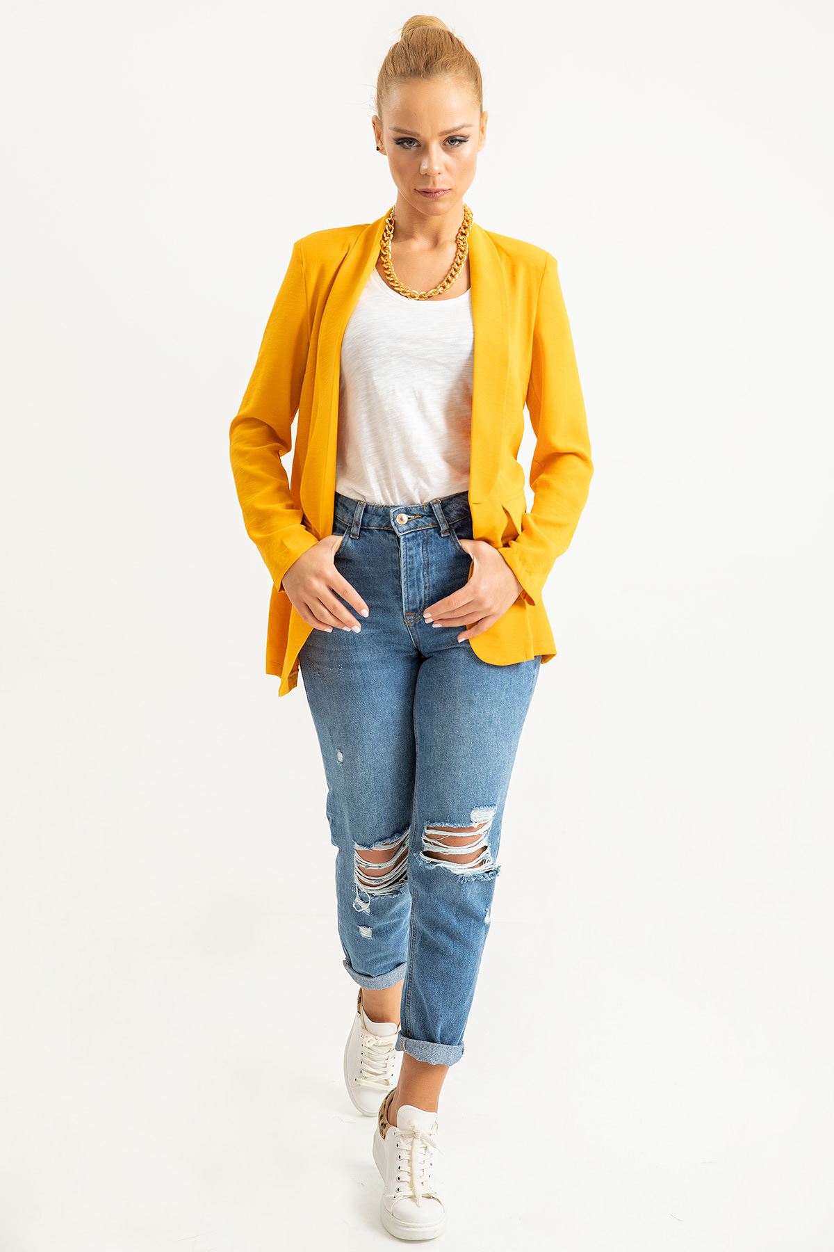 Aerobin Fabric Wing Collar Below Hip Comfy Blazer Women Jacket - Mustard