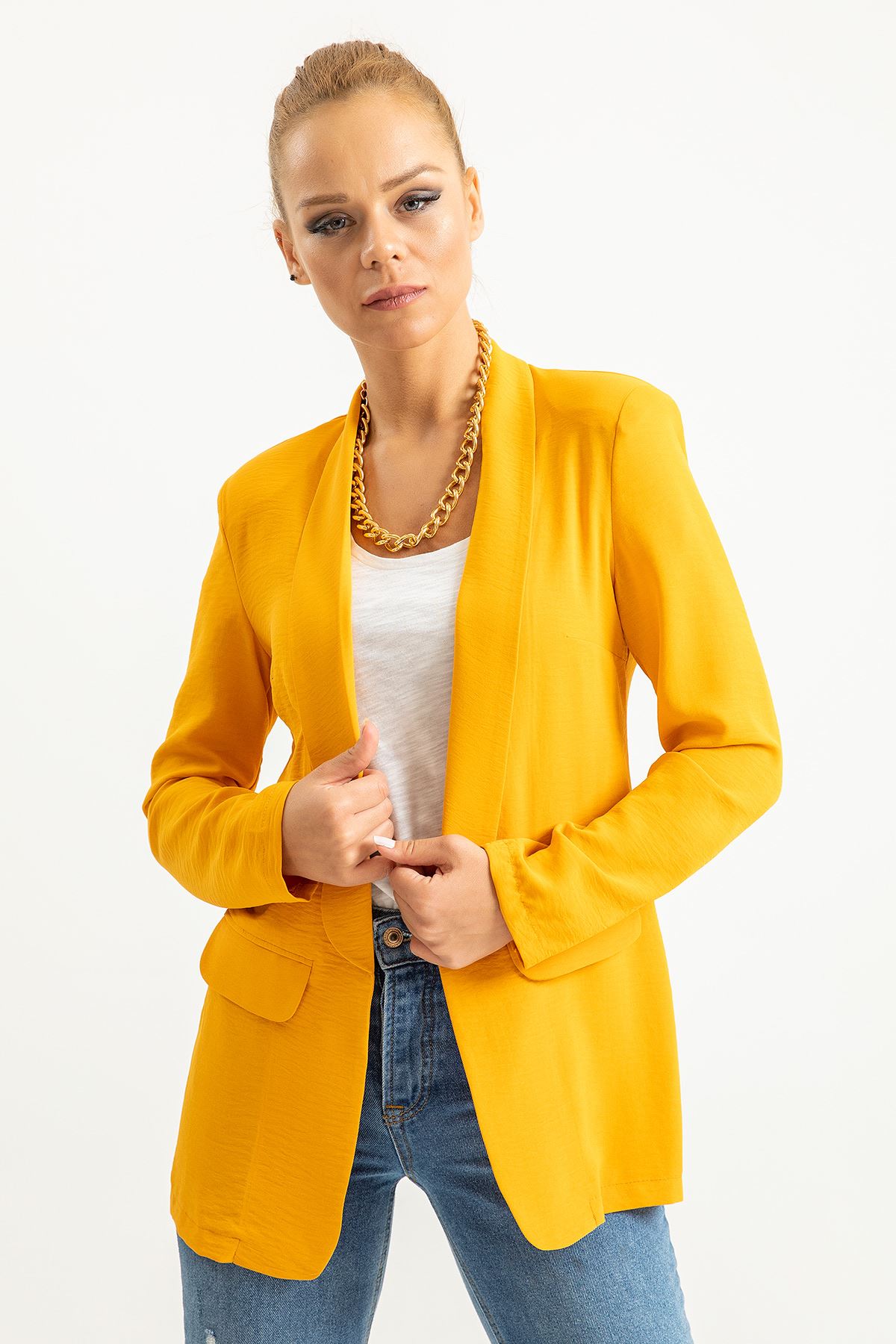 Aerobin Fabric Wing Collar Below Hip Comfy Blazer Women Jacket - Mustard