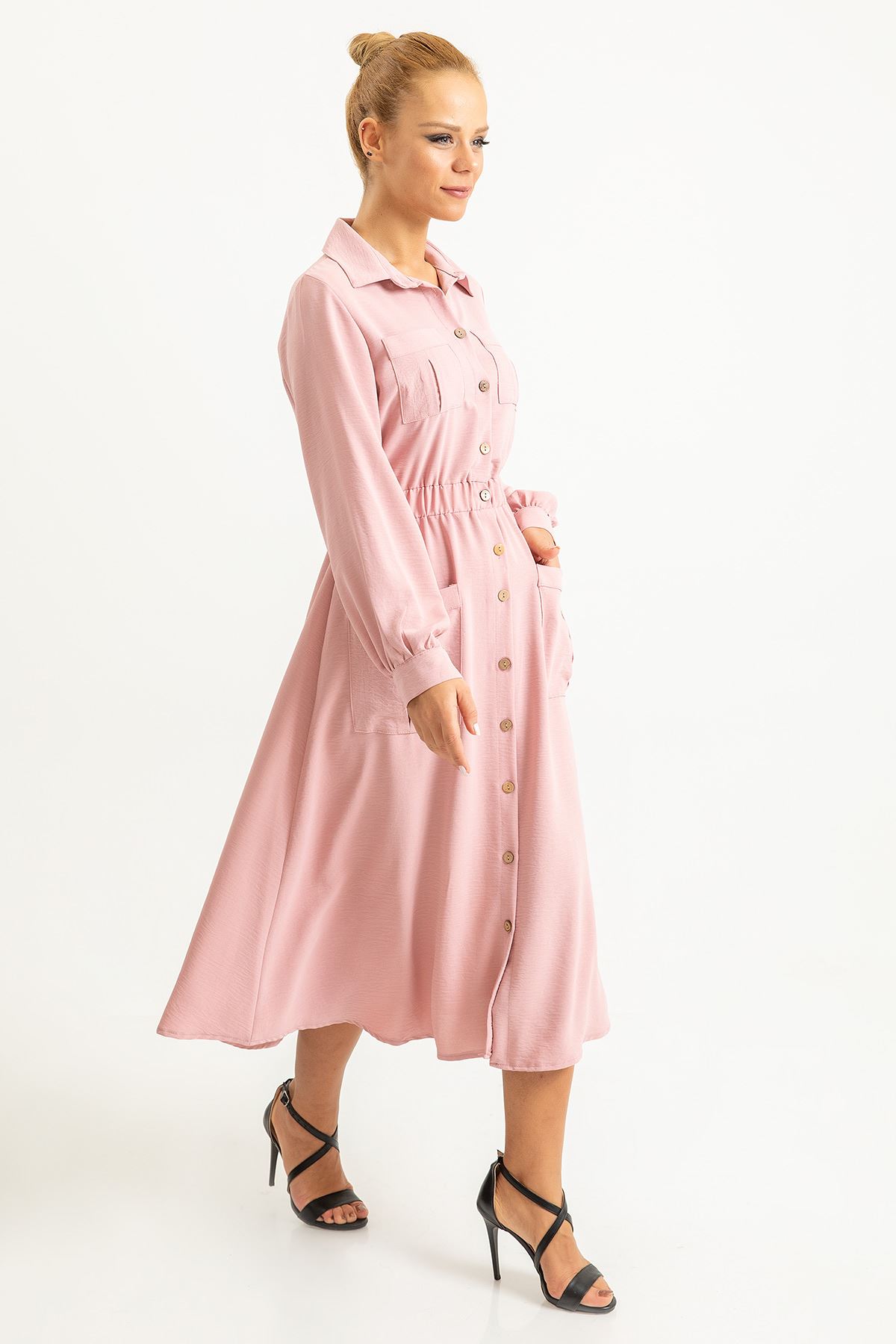 Aerobin Fabric Shirt Collar Knee Lenght Elastic Women Dress - Light Pink
