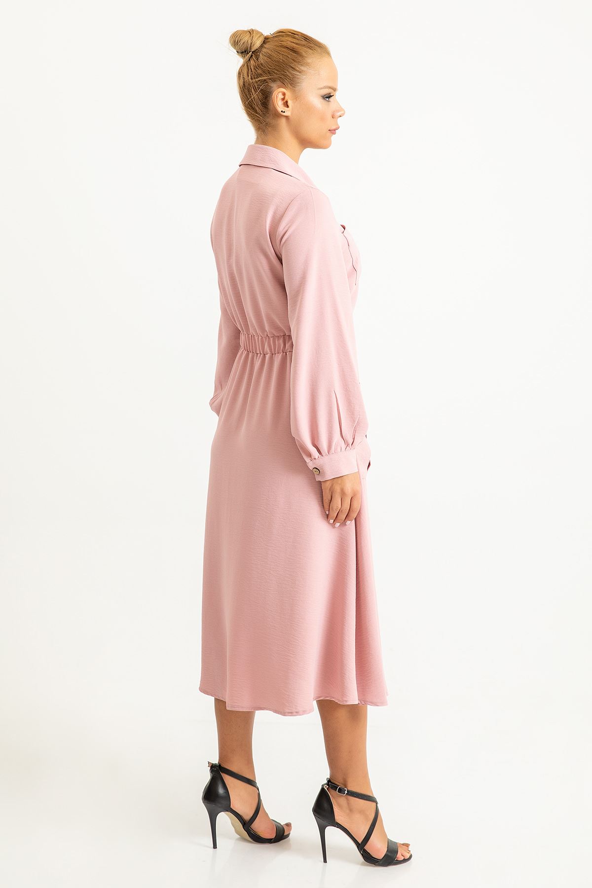 Aerobin Kumaş Gömlek Yaka Diz Altı Boy Beli Lastikli Kadın Elbise-Pudra