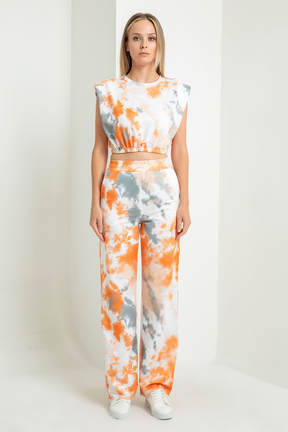 Double Knit Fabric Loose Tie-Dye Print Women'S Sweatpant - Orange