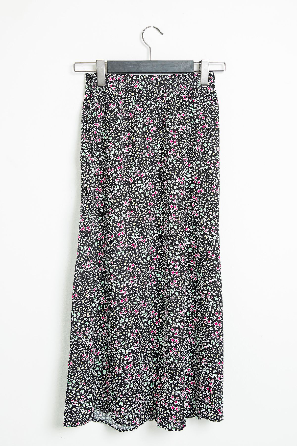 Viscose Fabric Midi Straight Crispy Floral Print Slit Women'S Skirt - Black