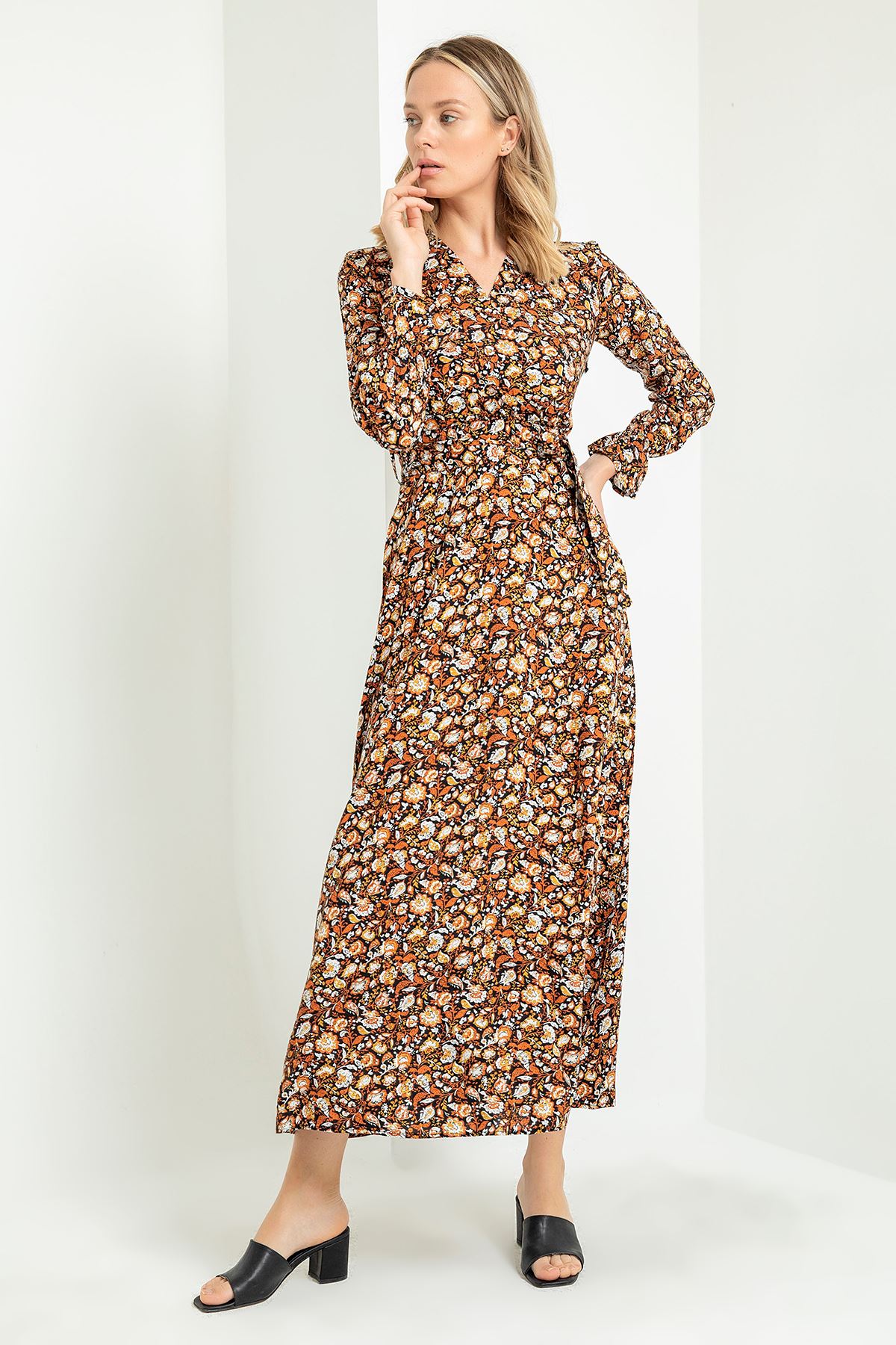 Viscose Fabric Long Sleeve V-Neck Long Leaf Print Women Dress - Orange