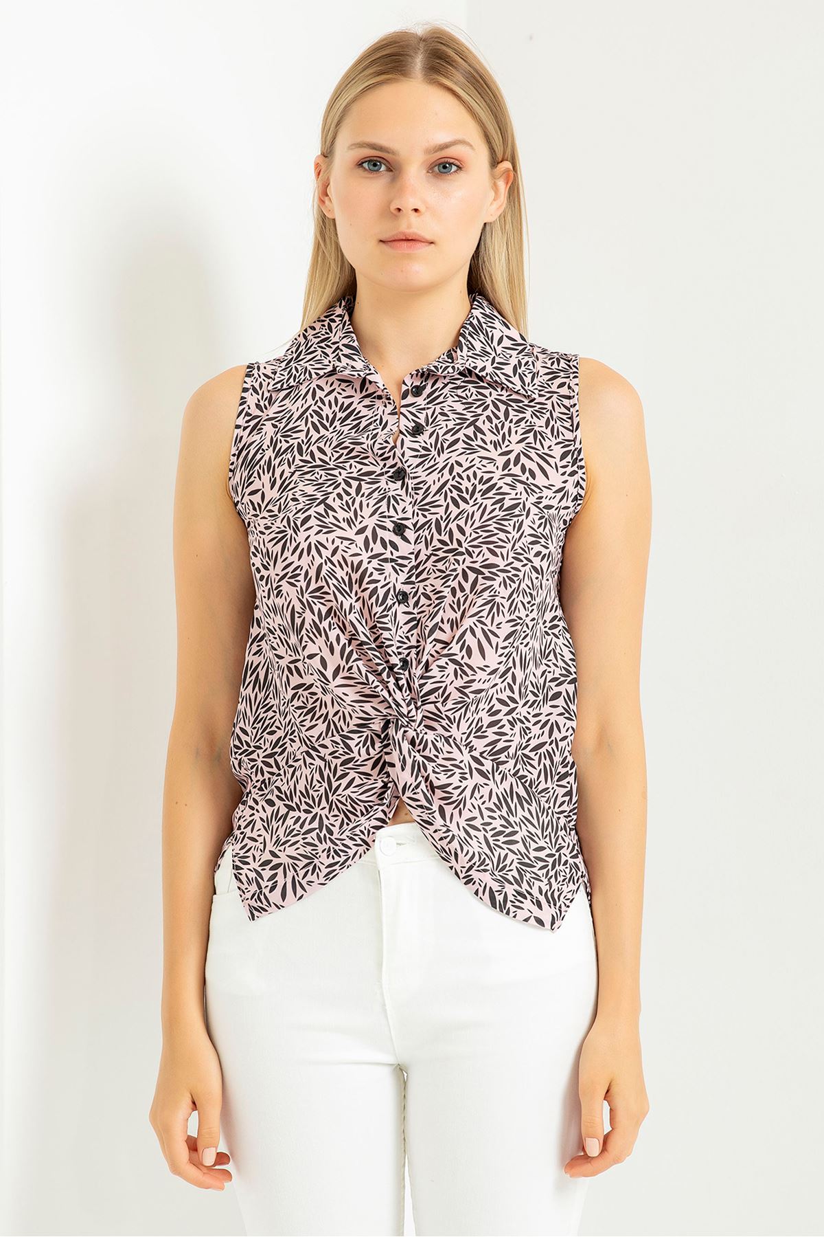 Jessica Fabric Sleeveless Shirt Collar Leopard Print Blouse - Light Pink