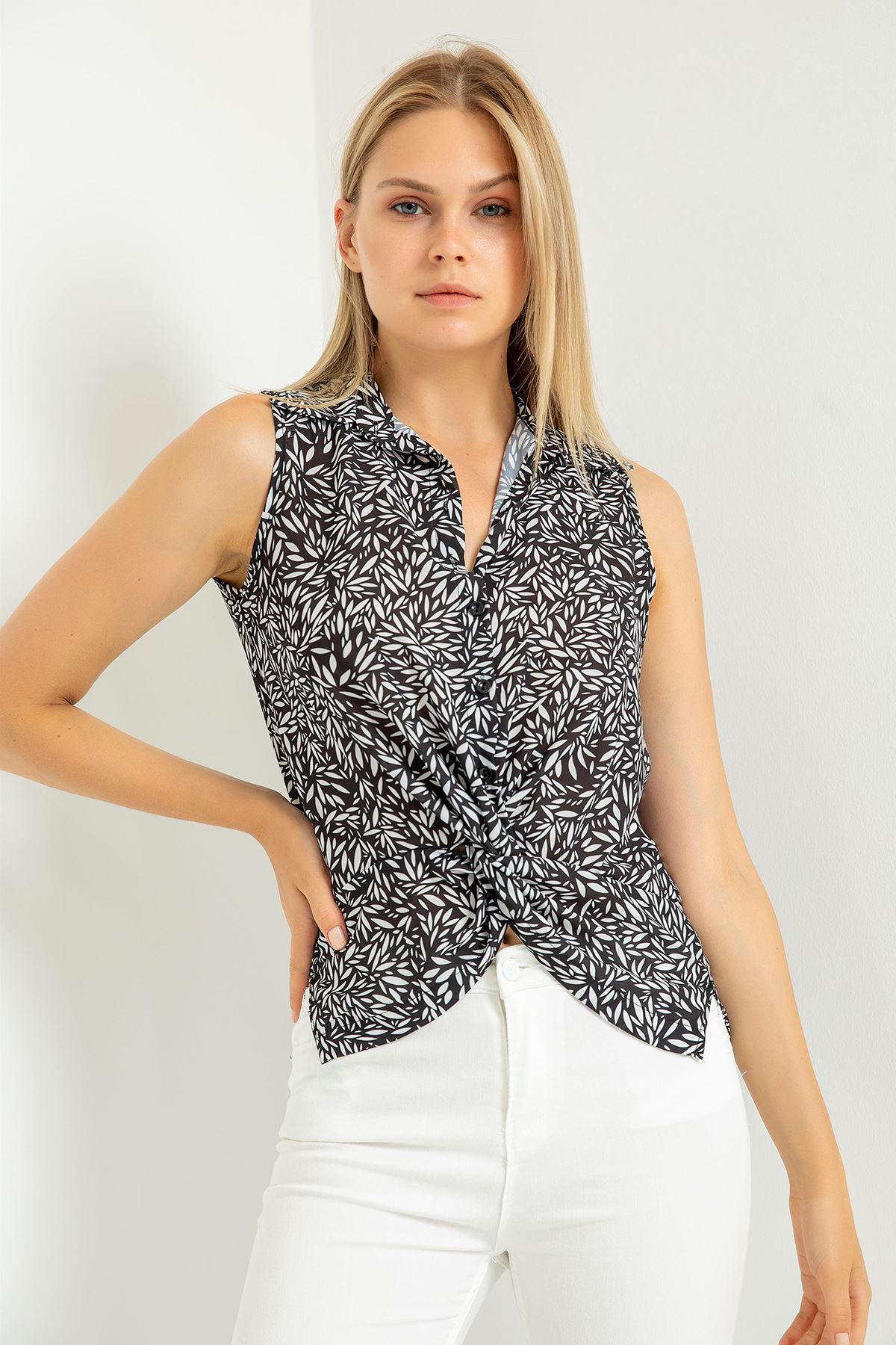 Jessica Fabric Sleeveless Shirt Collar Leopard Print Blouse - Black