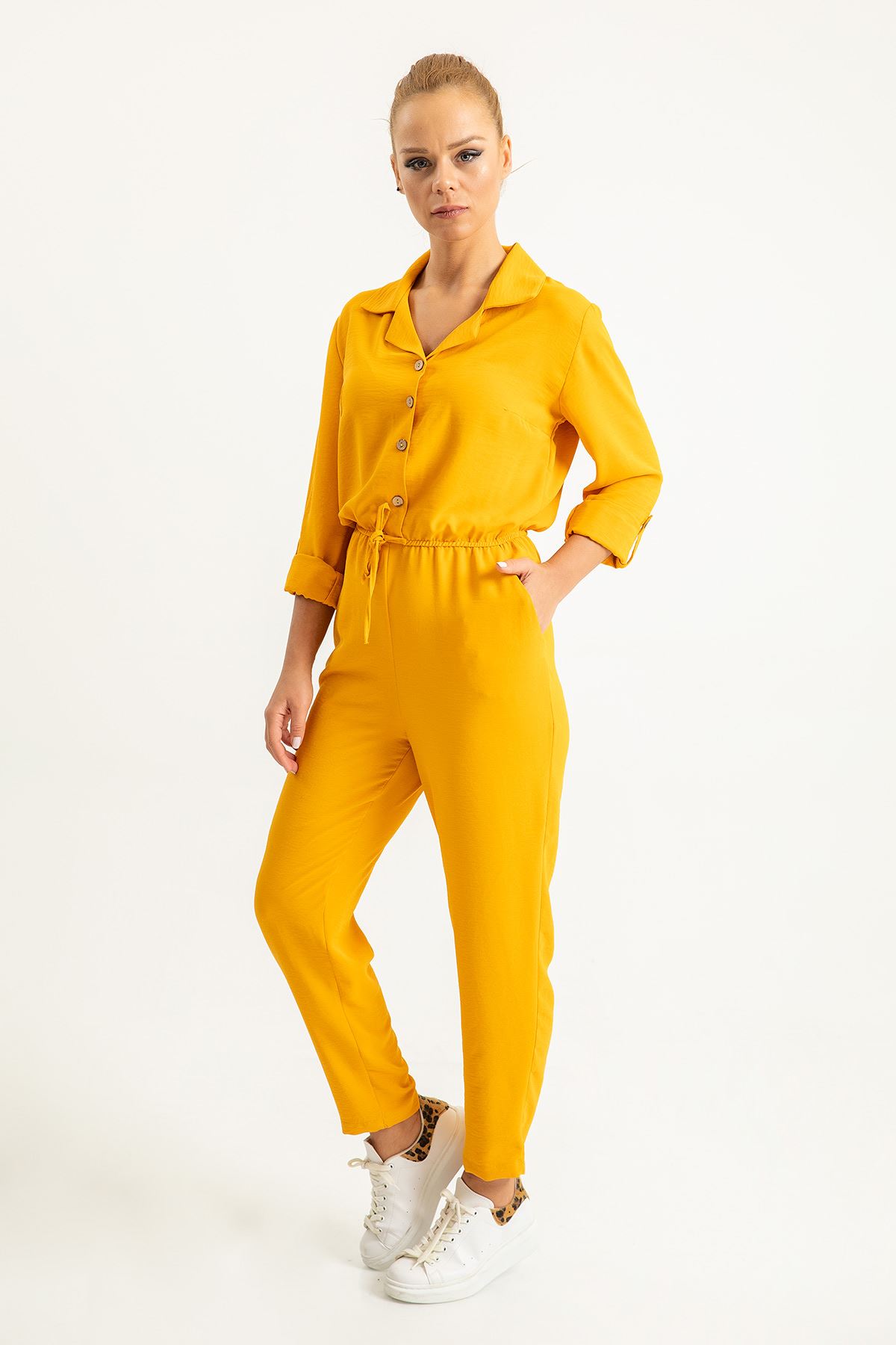 Aerobin Fabric Long Sleeve Revere Collar Wide Women Overalls - Mustard