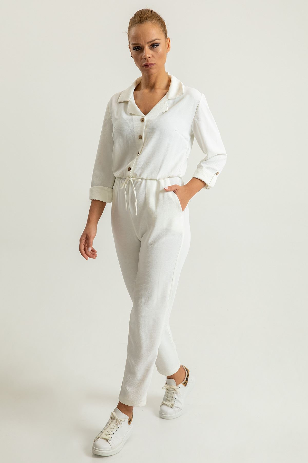 Aerobin Fabric Long Sleeve Revere Collar Wide Women Overalls - Ecru