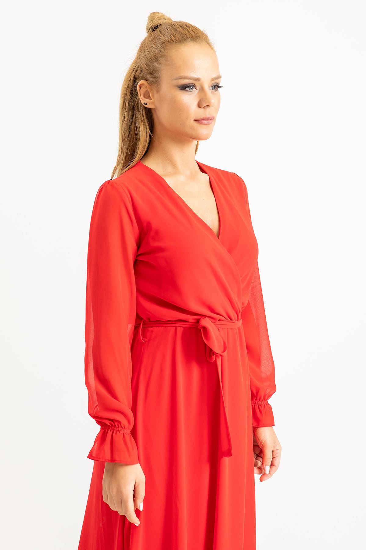 шифон ткань длинный рукав V-образный вырез длинный женское платье - Kрасный