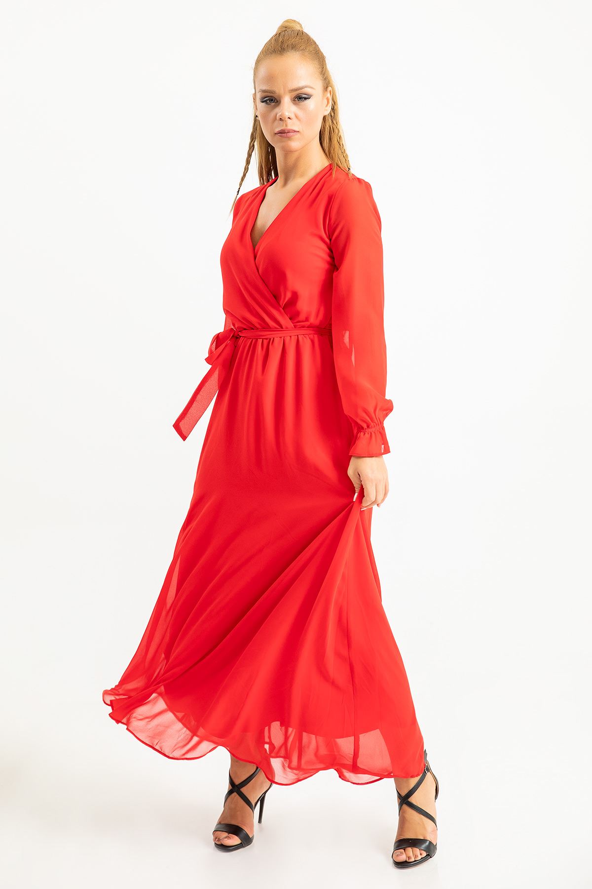 шифон ткань длинный рукав V-образный вырез длинный женское платье - Kрасный